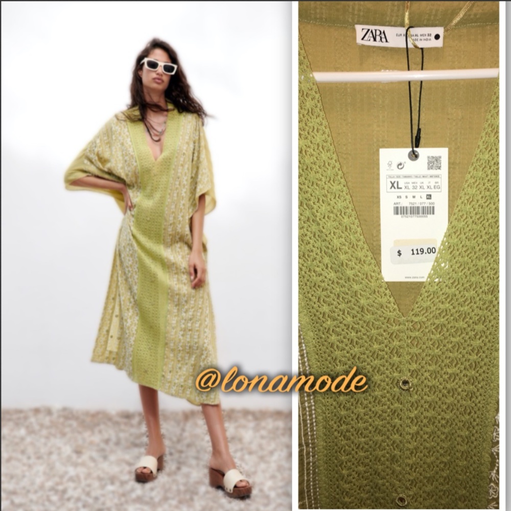 Zara Green Embroidered Tunic Dress NWT